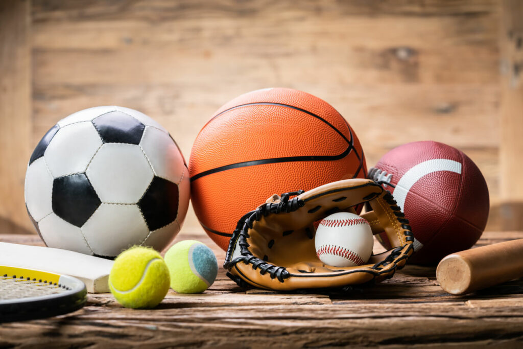 A variety of different sporting equipment items