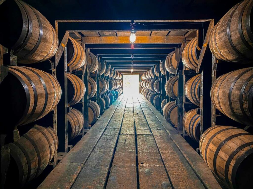 A close-up of bourbon barrels.