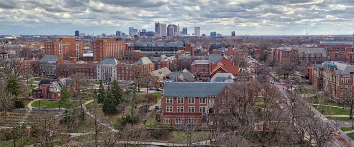 The campus of Ohio State University with Ohio Stadium in the background.