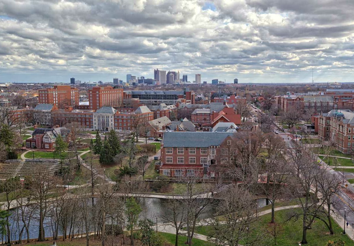 The campus of Ohio State University with Ohio Stadium in the background.